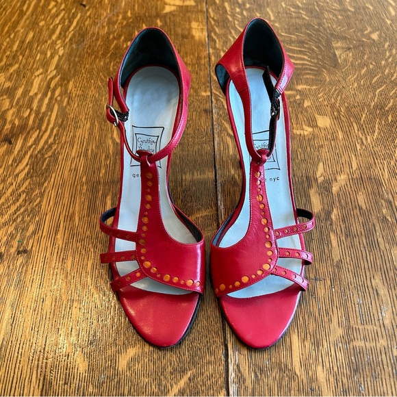 Vintage Red Leather Designer Sandal Heels with Orange Dot Details - Picture 3 of 7